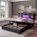 Polsterdatud voodi LED-valgustusega, USB- ja C-t&uuml;&uuml;pi pordid, sotorage voodipeats, 140x200 cm, must PU-nahk, ilma madratsita