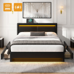 Polsterdatud voodi 140x200 cm, USB, LED, 4 sahtlit, PU, must, ilma madratsita