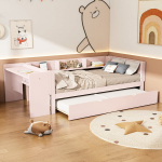 Voodi 90x200 cm v&auml;ljat&otilde;mmatava osaga, laud, 3 riiulit, roosa