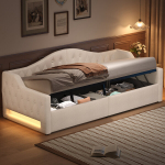 P&auml;evavoodi 90x200 cm LED-riba ja voodialuse panipaigaga, beež