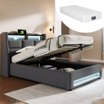Pehme voodi 90x200 cm LED- ja USB-valgustusega, metallist liistudest alusega, madratsiga 1 tk