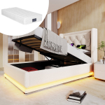 &Uuml;heinimese pehme voodi LED-valgusti, USB-C ja h&uuml;draulilise hoiukastiga 90x200cm koos madratsiga 1 tk