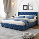 Polsterdatud voodi 160x200 cm, peatsiga, samet, sinine