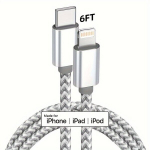 [MFi Sertifitseeritud] USB C iOS Kaabel 3 komplekti 182.88cm IPhone Laadija Kaablid Nailon punutud Type C IPhone Laadija Juhe Kiire Laadimine IPhone 14/13/12/11 Pro Max Hall ja Valge., 1 pakuotė 6ft