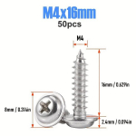 Junter 50tk M4 Roostevaba Teras Isefreesivad Kruvid - T&auml;ielikult Keermestatud, Ristpea, Iseblokeeruvad, &Uuml;mar Pea, Puitu Kasutamiseks., M4 x 16mm 50vnt