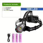Paweinuo 30W LED Pealamp: V&otilde;imas, Akutoitega, USB Laetav, Digiekraan, Sobib Kalastamiseks, Matkamiseks, Jahiks - Mitte Veekindel., Priekinis žibintas A (18650 baterija)