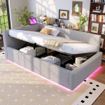 Pehmete polsterdusega voodiraam, LED, USB-C, 90x200 cm, 1 tk