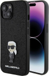 Karl Lagerfeldi fikseeritud s&auml;delev ikooniline logo metallist iPhone 15 kaitse&uuml;mbris - must
