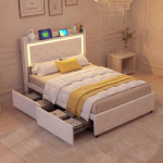&Uuml;heinimesevoodi 90x200 cm, kahe sahtliga, LED-valgustuse ja USB-laadimisega, beež, samet