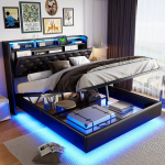 Kaheinimesevoodi 140x200 cm LED-valgustuse ja USB-pordiga, ujuvvoodi, must kunstnahk