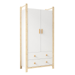 Valge kahe uksega riidekapp, 90 &times; 45 &times; 180 cm, riidepuutoru, 2 sahtlit, naturaalse puidutooniga raam, magamistuppa