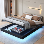 Rippvoodi kaheinimesevoodile, 160x200 cm, h&uuml;draulilise hoiuruumi ja LED-valgustusega, must PU