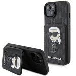 Karl Lagerfeldi &uuml;mbris iPhone 15 6.1 KLHCP15SSAKKNSCK must k&otilde;va&uuml;mbris Saffiano Automotivedslots'i ja aluse monogrammi Ikonik Patch jaoks