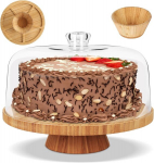 Myiosus koogiplaat, koogialus, 6-in-1 koogialus, kaanega koogiplaat, puidust koogialus alusega, plastikust koogikuppel, suur &uuml;mmargune koogiplaat k&uuml;psetamiseks, dekoratiivne, kookidele, pidudele