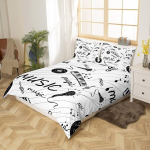 Muusika teemaline voodipesu 140 x 200 cm mustvalge noodimustriga voodipesu muusika teemaline tekikott teismelistele retro muusika mikrofoni vin&uuml;&uuml;lplaatide toadekoratsioon