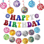 Disco kaunistuste s&uuml;nnip&auml;evagirlendikomplekt - 8 osa v&auml;rviline "happy Birthday" b&auml;nner ja disko palli rippuvad s&auml;delevad spiraalid s&uuml;nnip&auml;eva kaunistamiseks 70ndate 80ndate 90ndate peokaunistused