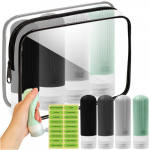 Lennukite kosmeetikapudelid, purgid + reisikosmeetikakott + kleebised