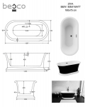 Vann Besco Ziva Black&White, 160 x 75 cm, sifooniga ja &uuml;levooluga slim white