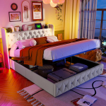 &Otilde;husurvevoodi, 160x200cm, LED- ja USB-portidega, eriti suure hoiuruumiga, beež samet