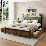 Voodi, 180 x 200 cm, must, PU nahk, metallraam, sahtlitega, LED-valgustusega, USB-pordiga, 180x200