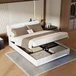 Voodi 160 x 200cm h&uuml;draulilise panipaigaga - LED ja USB - Reguleeritava k&otilde;rgusega peatsipea - Linane - Beež