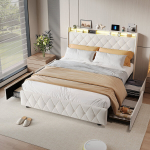 Polsterdatud voodi LED-valgustusega, USB ja C-t&uuml;&uuml;pi laadimispesa, 4 sahtlit, 160x200 cm, sametkangas, beež, ilma madratsita