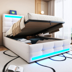 Polsterdatud voodi 90x200 cm, h&uuml;drauliline, USB, LED, ilma madratsita, beež