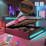 Pehme voodi 140x200 cm LED USB metallliistudega alusega linane kangas ilma madratsita 1 tk