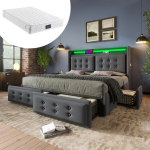 Polsterdatud voodi 140x200 cm, LED peatsiga, USB C, 4 sahtliga, puitraam, hall, madratsiga