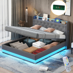 LED-polsterdatud voodi 160x200 cm, USB, h&uuml;drauliline, linane, hall