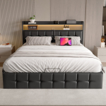 Voodi, 140 x 190 cm, must, PU nahk, gaasit&otilde;stukiga, LED-valgustusega, USB- ja C-t&uuml;&uuml;pi portidega, peatse hoiuruumiga
