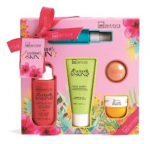 Kehahoolduskomplekt IDC Institute Radiant Skin Bath Set naistele: du&scaron;igeel, 120 ml + kehakreem, 100 ml + vannipall, 50 g + kehakoorija, 30 ml + kehasprei, 30 ml