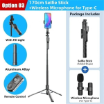 Telefonihoidja Fangs 1750mm traadita selfie -kepp statiiv koos nutitelefonide LED -valgustusega - stiil 04