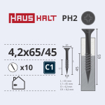 Puidukruvi, keeratavad metalli sisse Haushalt PH2, 4.2 x 65 mm/45 mm, hall, 10 tk
