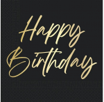 Pabersalvr&auml;tikud GoDan Happy Birthday, 33 cm x 33 cm, kuldne v./must v., 20 tk