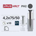 Puidukruvi, keeratavad metalli sisse Haushalt PH2, 4.2 x 75 mm/50 mm, hall, 10 tk