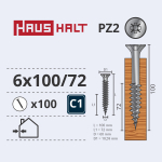 Puidukruvi, universaalsed Haushalt PZ3, 6 x 100 mm, valge v., 100 tk