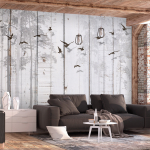 Fototapeet Artgeist Minimalist motif - black birds on a white background with wood texture, 70 cm x 100 cm