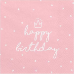 Pabersalvr&auml;tikud Party Deco Happy Birthday, 33 cm x 33 cm, valge v./roosa v., 20 tk
