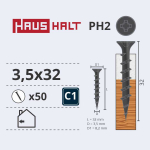 Puidukruvi, keeratavad puu sisse Haushalt PH2, 3.5 x 32 mm, hall, 50 tk