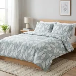 Voodipesukomplekt Domoletti Leaflight D-986, valge v./roheline v., 50 x 70 cm, 140 x 200 cm, 2 os.