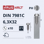 Isekeermestavad kruvid Haushalt, 6.3 mm x 32 mm, 10 tk