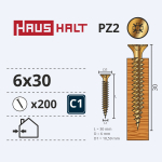 Puidukruvi, universaalsed Haushalt PZ2, 6 x 30 mm, kollane v., 200 tk