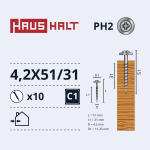 Isekeermestavad kruvid Haushalt DIN 14566, 4.2 mm x 51 mm/31 mm, 10 tk