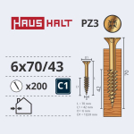 Puidukruvi, universaalsed Haushalt PZ3, 6 x 70 mm, kollane v., 200 tk