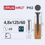 Puidukruvi, keeratavad puu sisse Haushalt, 4.8 x 125 mm, hall v., 5 tk
