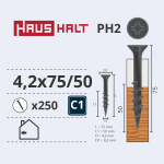 Puidukruvi, keeratavad puu sisse Haushalt PH2, 4.2 x 75 mm, hall v., 250 tk