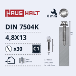 Isekeermestavad kruvid Haushalt DIN 7504K, 4.8 mm x 13 mm, 30 tk