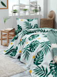 Voodikattekomplekt, koos padjap&uuml;&uuml;ridega Mijolnir Monstera, valge v./kollane v./roheline v., 160 cm x 235 cm