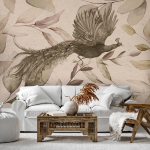Fototapeet Artgeist Bird Among The Leaves - Floral Motif With A Flying Peacock In Cool Tones, 70 cm x 100 cm